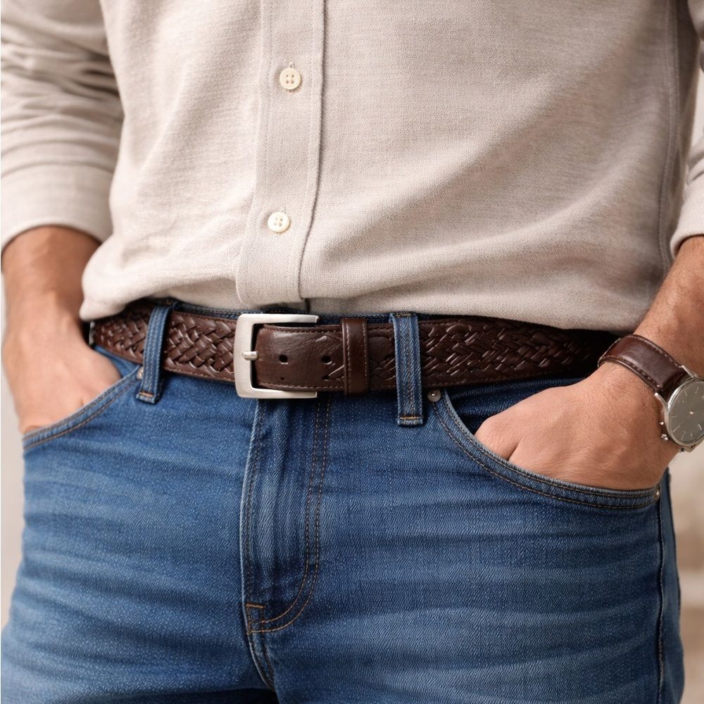 Orvis Brown Leather Braided Belt Silver Buckle Size 38 Men’s